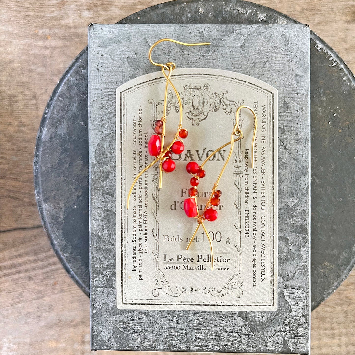 Red Coral & Spinel Wave Line Drop Earrings