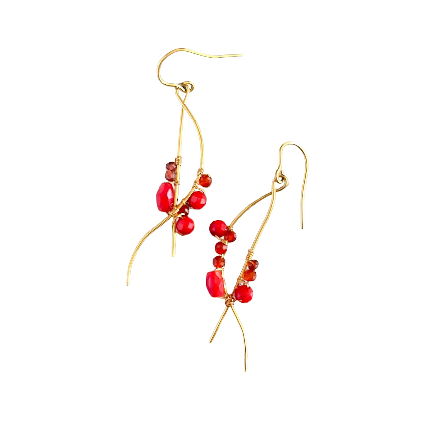 Red Coral & Spinel Wave Line Drop Earrings