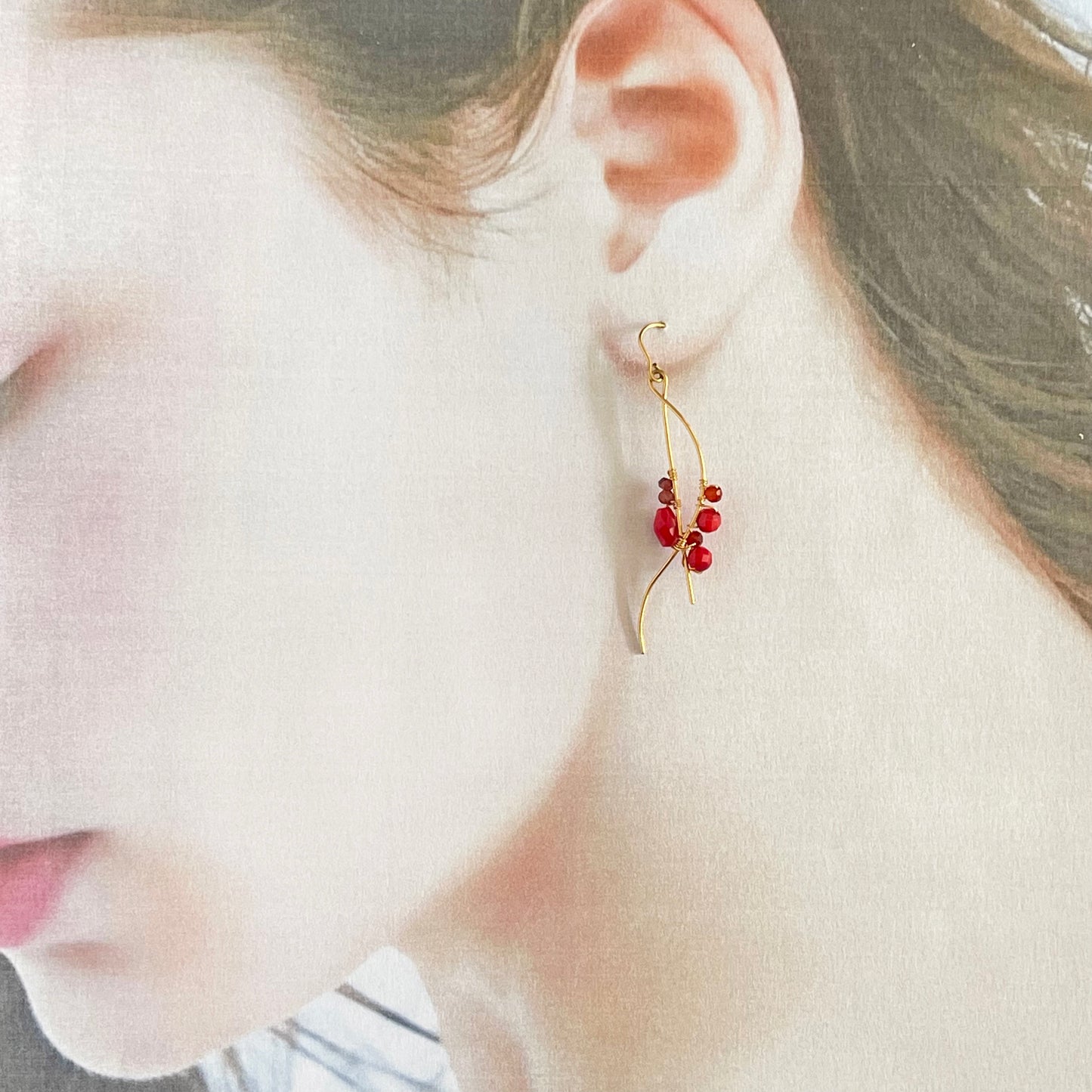 Red Coral & Spinel Wave Line Drop Earrings