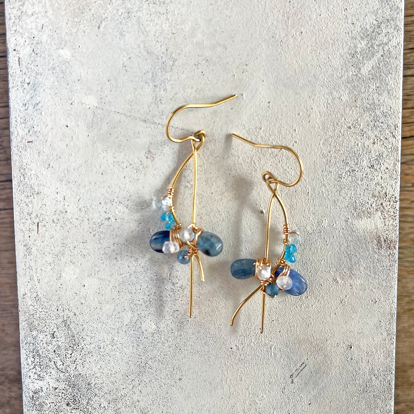 Indigo Blue & Mixed Gemstone Wave Line Drop Earrings