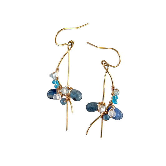 Indigo Blue & Mixed Gemstone Wave Line Drop Earrings