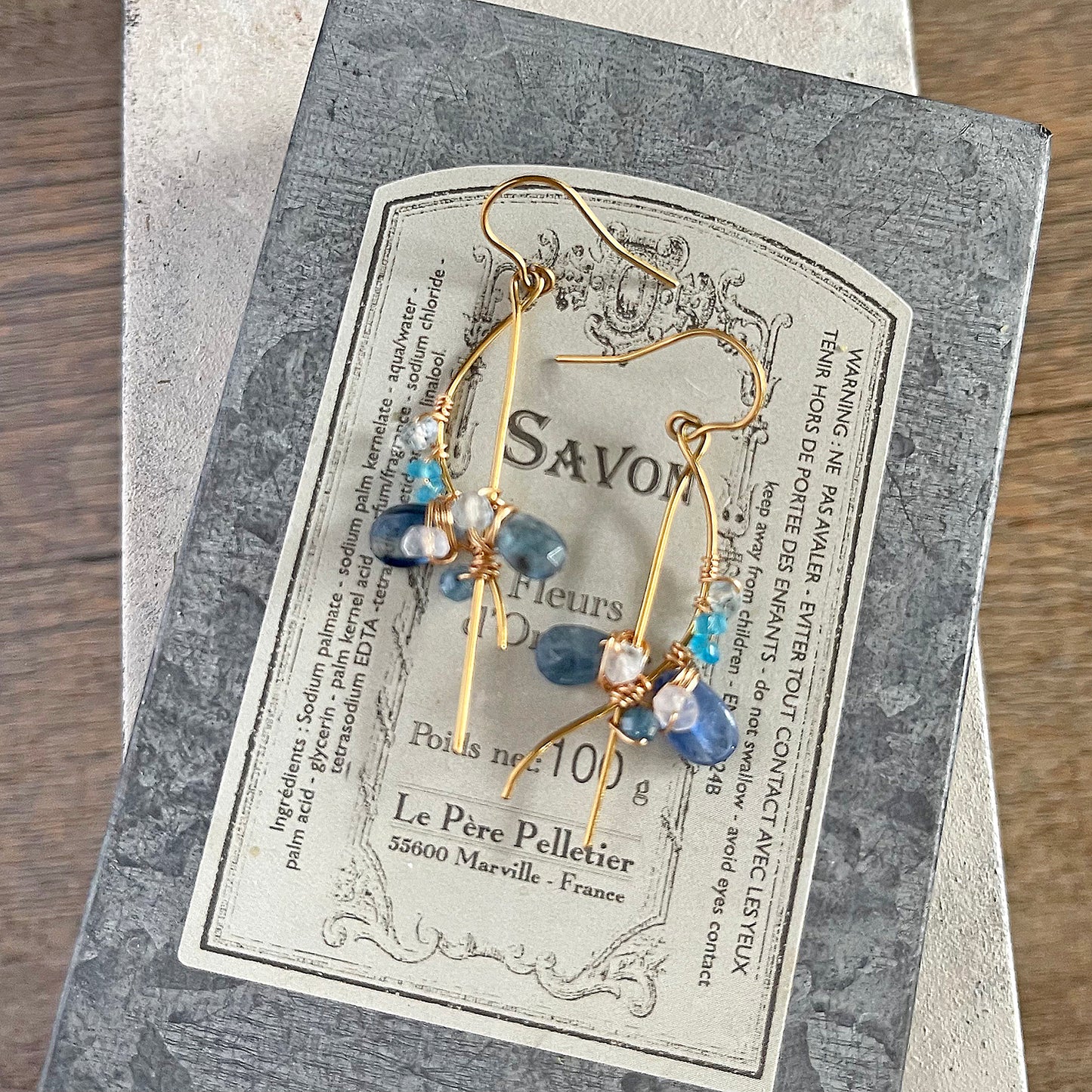 Indigo Blue & Mixed Gemstone Wave Line Drop Earrings