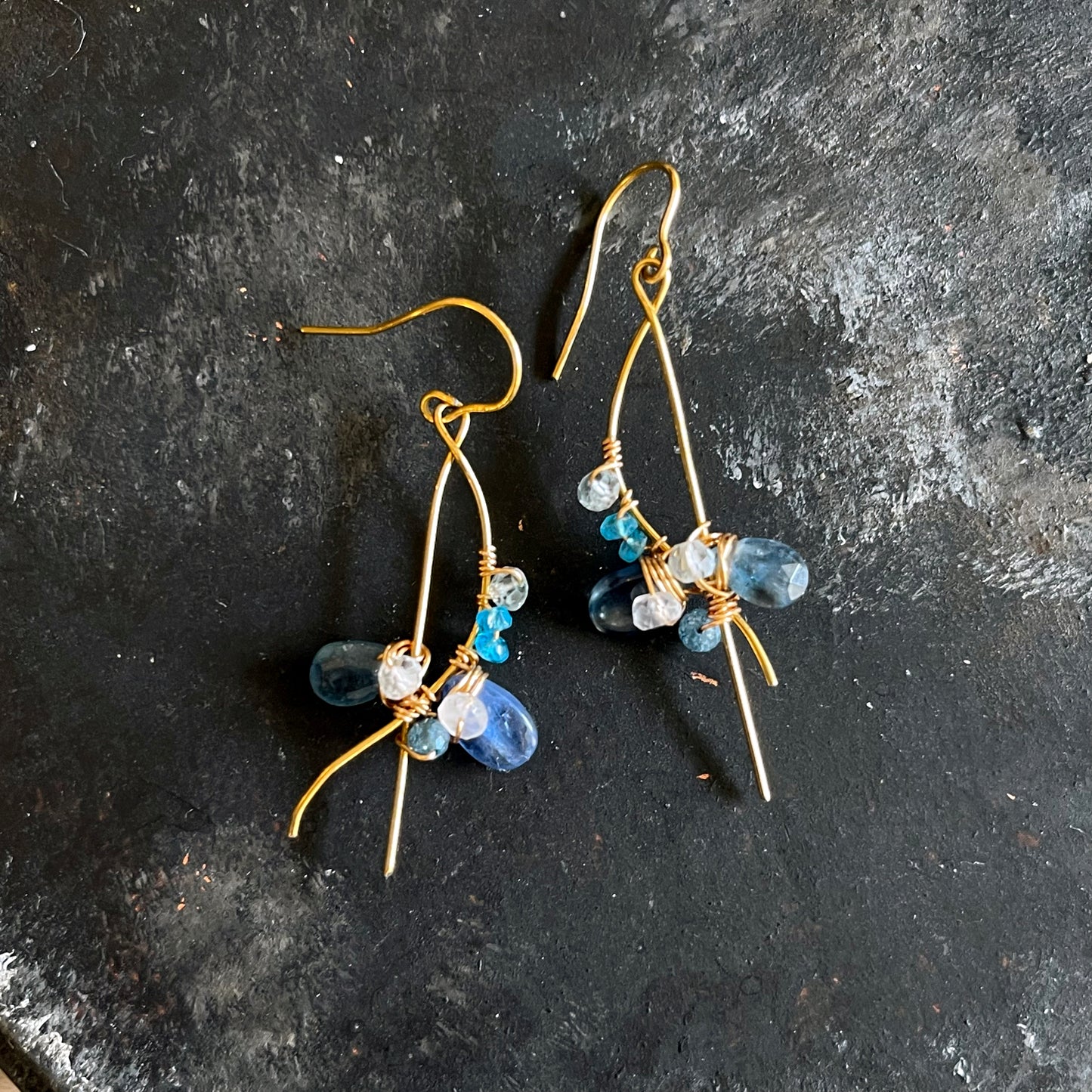 Indigo Blue & Mixed Gemstone Wave Line Drop Earrings