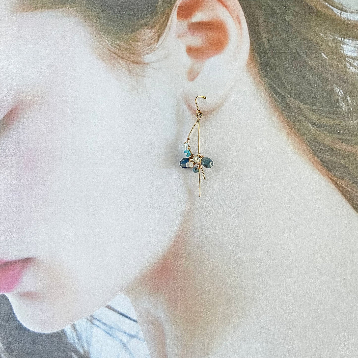 Indigo Blue & Mixed Gemstone Wave Line Drop Earrings