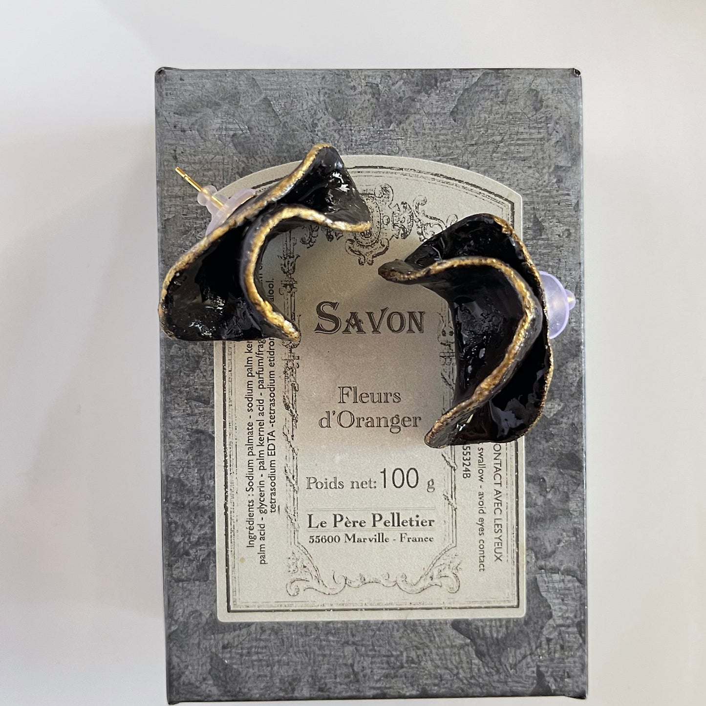 Wave Crest Statement Earrings: Hand-Sculpted Midnight Clay & Gold Contour