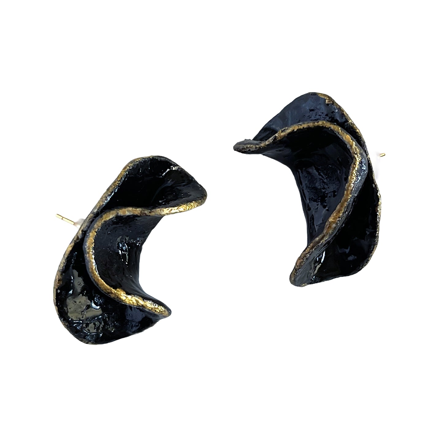 Wave Crest Statement Earrings: Hand-Sculpted Midnight Clay & Gold Contour