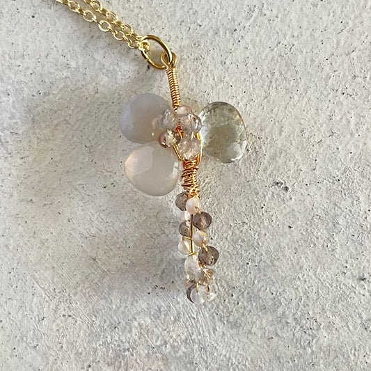 Mist & Shadow Cross Pendant: Grey Chalcedony & Green Amethyst