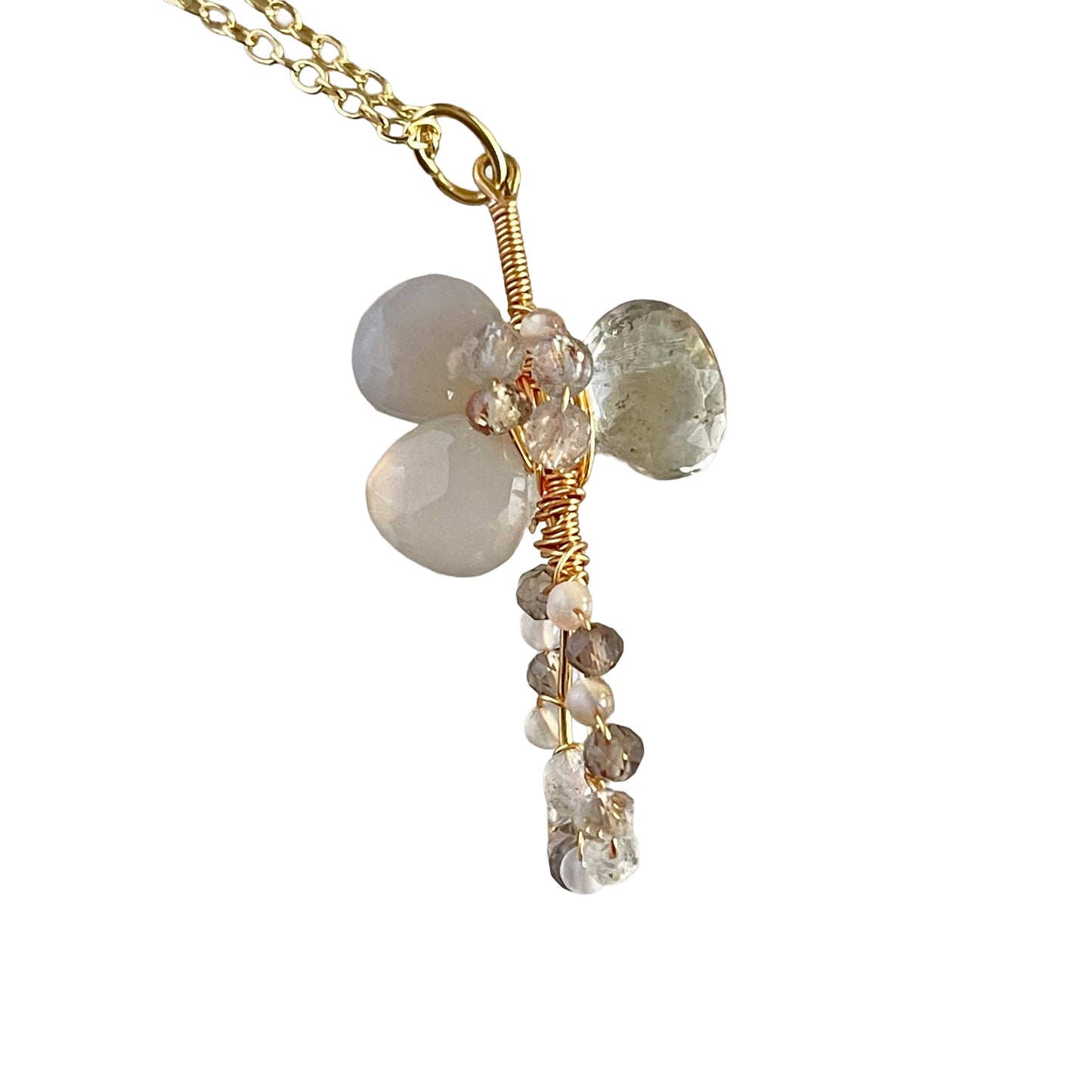 Mist & Shadow Cross Pendant: Grey Chalcedony & Green Amethyst
