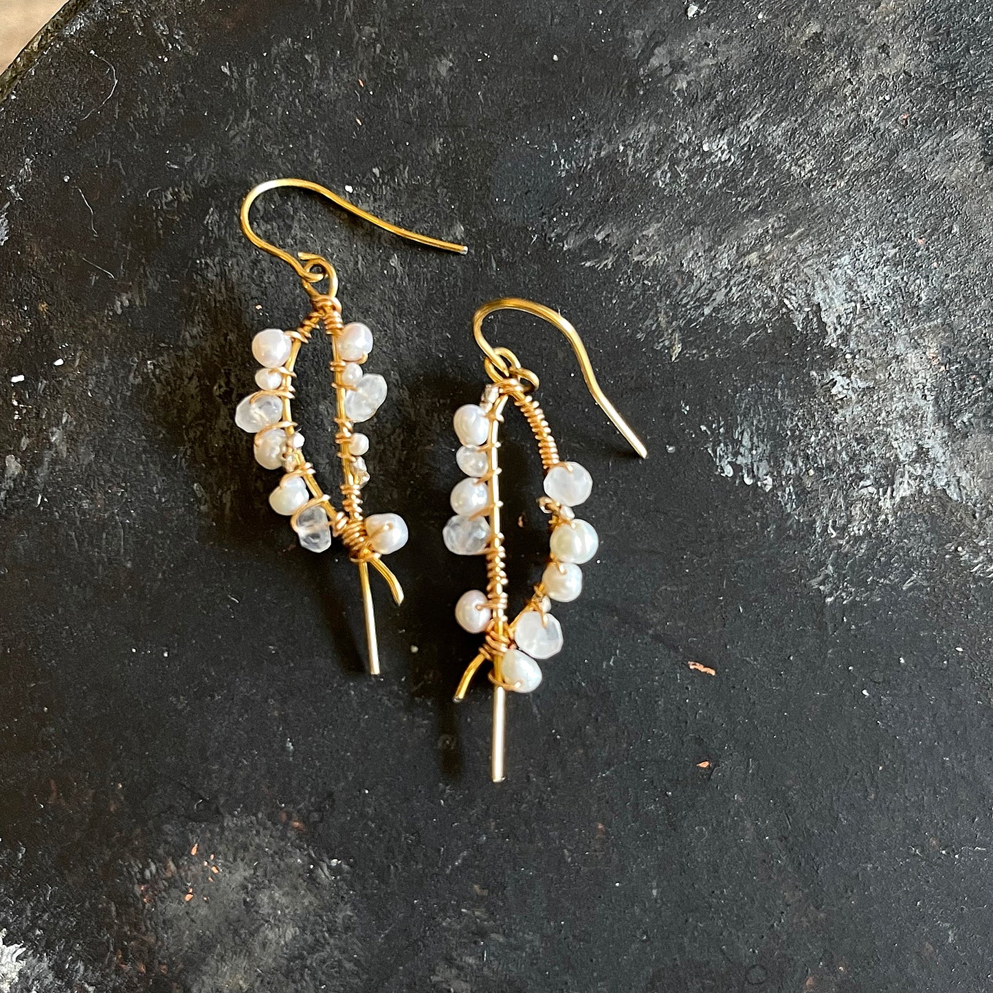 Freshwater Pearl & Moonstone Mini Wave Line Drop Earrings