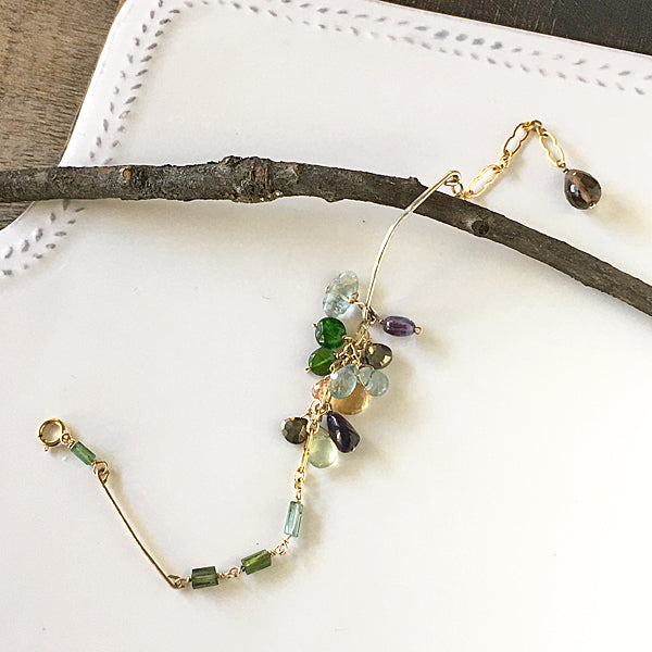 Bar and Chain Bracelet with Brown and Green Gemstones