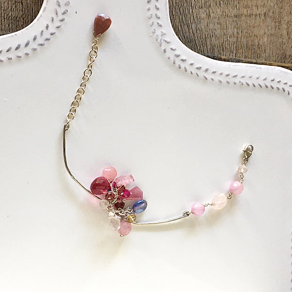 Ruby and Pink Gemstone Cluster Silver Bracelet