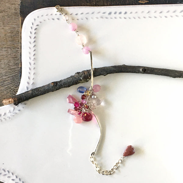 Ruby and Pink Gemstone Cluster Silver Bracelet