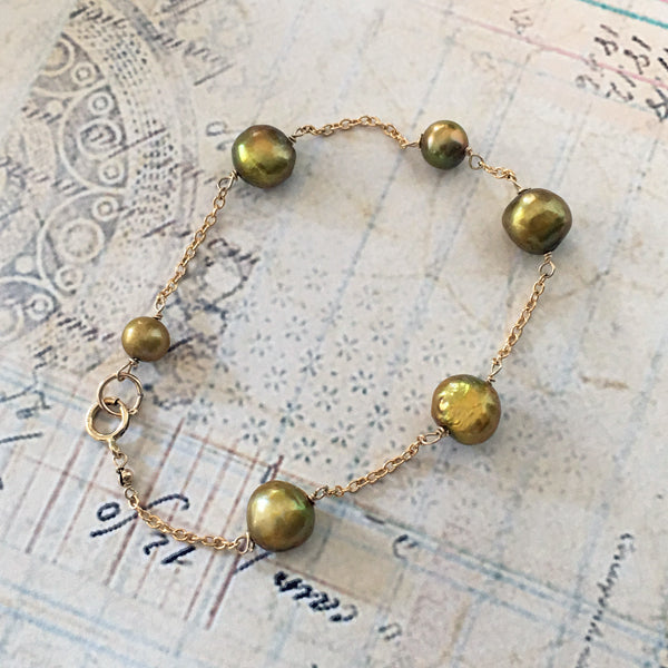 Gold Pearl Chain Bracelet- 14KGF