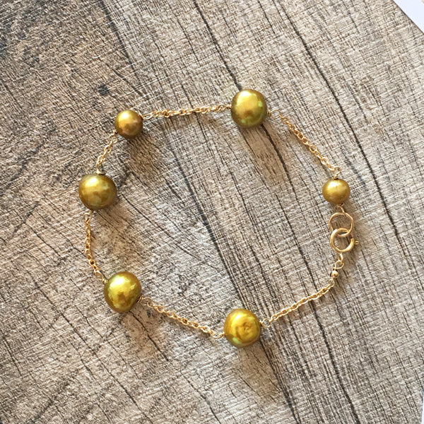 Gold Pearl Chain Bracelet- 14KGF