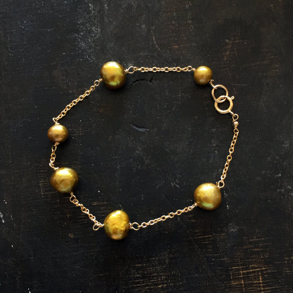 Gold Pearl Chain Bracelet- 14KGF