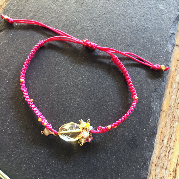 Citrine Nugget with Fuchsia Pink Nylon Cord Knotted Bracelet