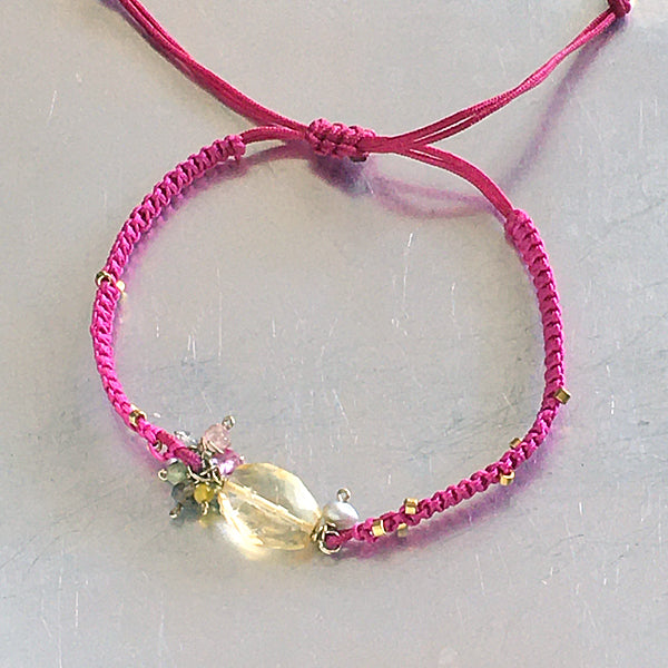 Citrine Nugget with Fuchsia Pink Nylon Cord Knotted Bracelet