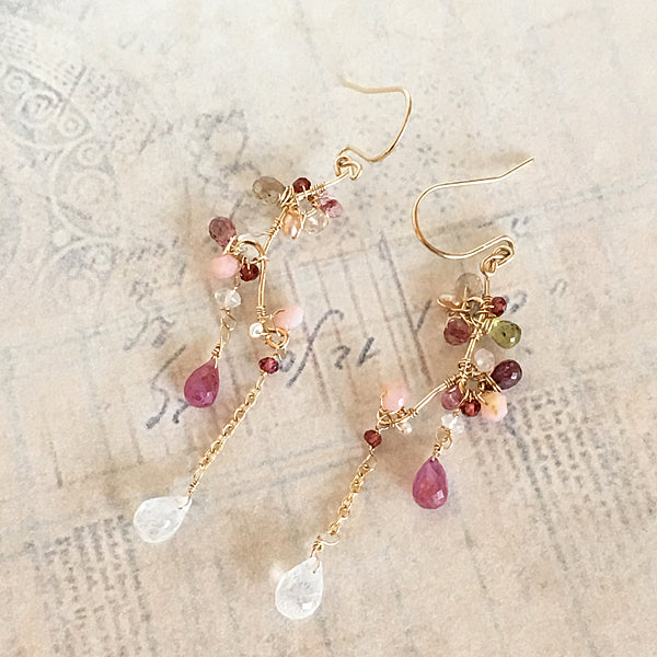 Pink Sapphire and Moonstone Branch Earrings - 14KGF