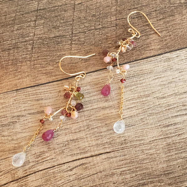 Pink Sapphire and Moonstone Branch Earrings - 14KGF