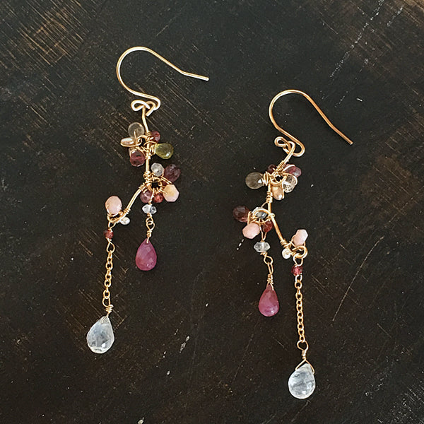 Pink Sapphire and Moonstone Branch Earrings - 14KGF