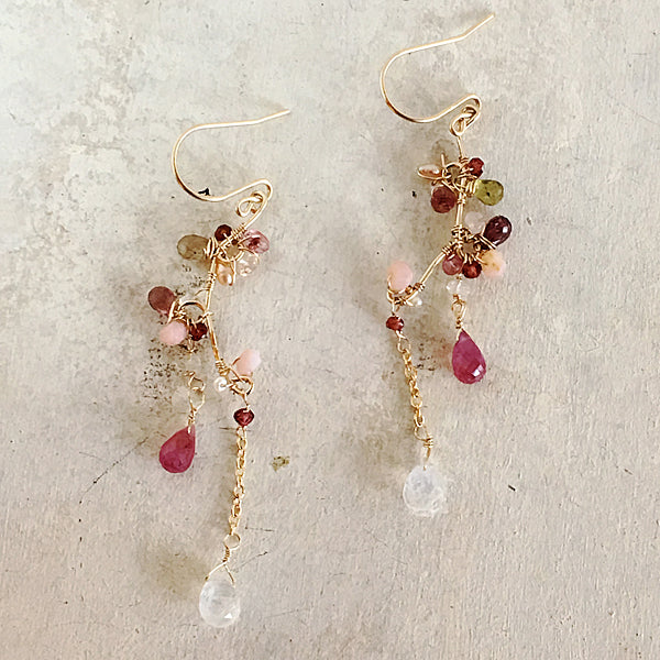 Pink Sapphire and Moonstone Branch Earrings - 14KGF