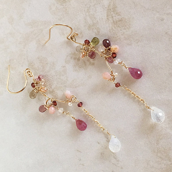 Pink Sapphire and Moonstone Branch Earrings - 14KGF