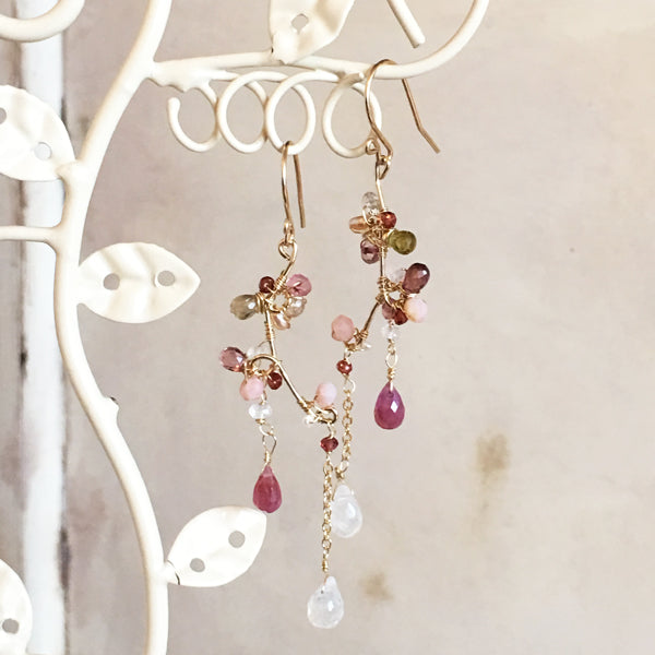 Pink Sapphire and Moonstone Branch Earrings - 14KGF