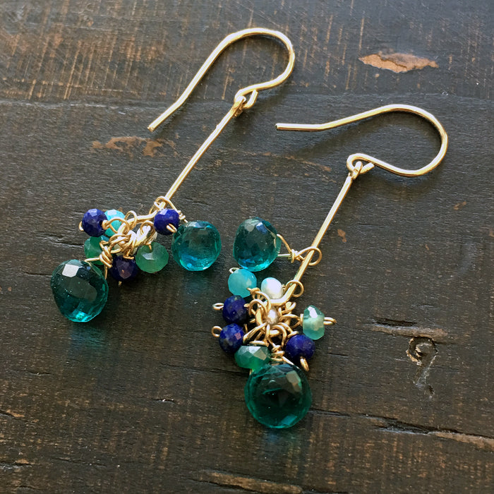 Gold filled Bar Earrings - Peacock GreenQuartz with Green Gemstones - 14KGF