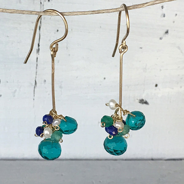 Gold filled Bar Earrings - Peacock GreenQuartz with Green Gemstones - 14KGF