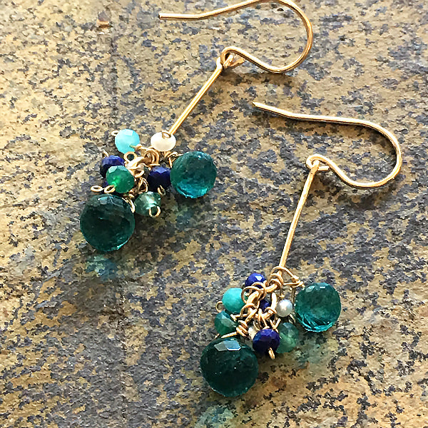 Gold filled Bar Earrings - Peacock GreenQuartz with Green Gemstones - 14KGF