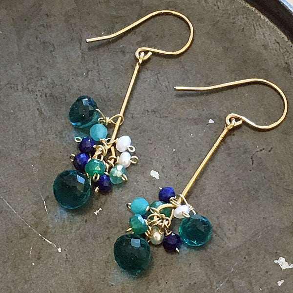 Gold filled Bar Earrings - Peacock GreenQuartz with Green Gemstones - 14KGF