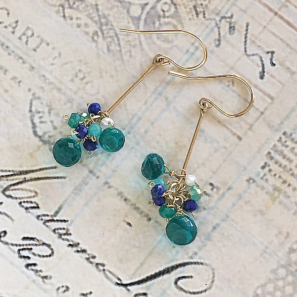 Gold filled Bar Earrings - Peacock GreenQuartz with Green Gemstones - 14KGF