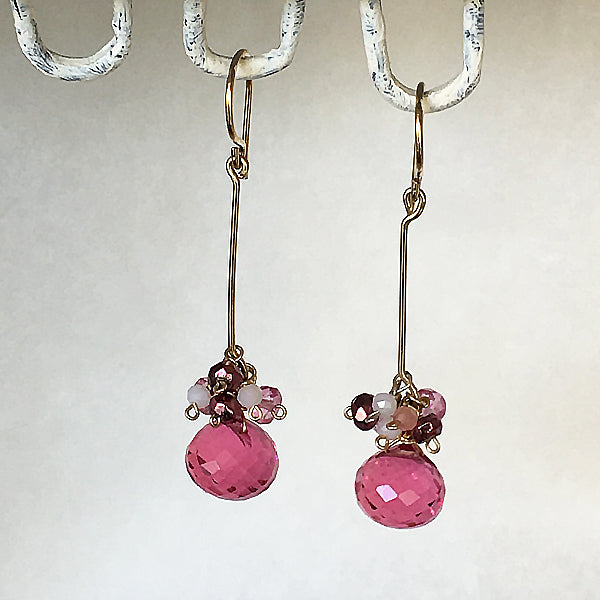 Gold filled Bar Earrings - Fuchsia Pink Quartz and Pink Gemstones - 14KGF