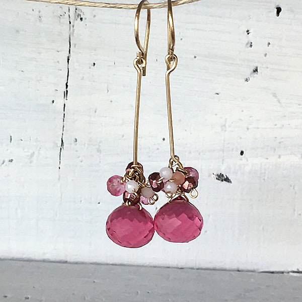 Gold filled Bar Earrings - Fuchsia Pink Quartz and Pink Gemstones - 14KGF