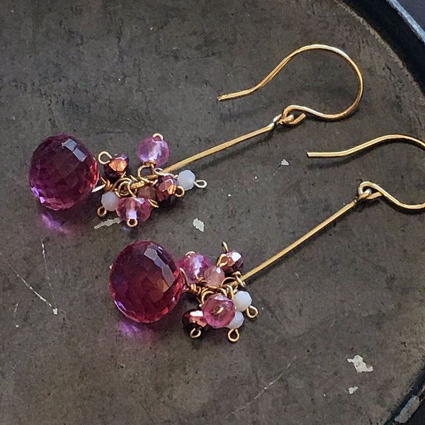 Gold filled Bar Earrings - Fuchsia Pink Quartz and Pink Gemstones - 14KGF