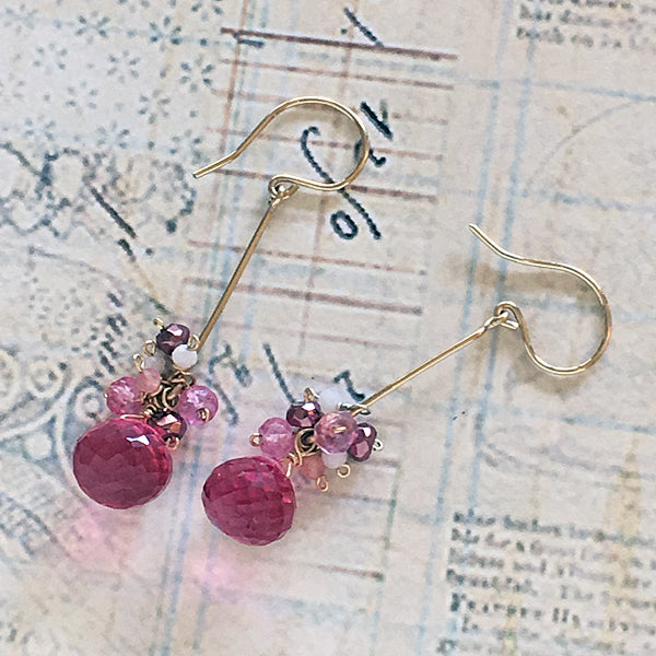 Gold filled Bar Earrings - Fuchsia Pink Quartz and Pink Gemstones - 14KGF