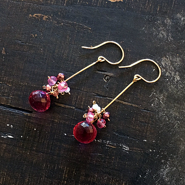 Gold filled Bar Earrings - Fuchsia Pink Quartz and Pink Gemstones - 14KGF