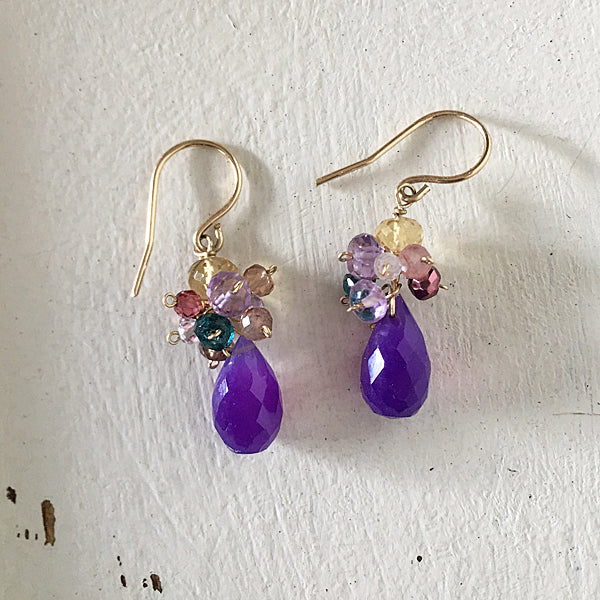 Petit Bouquet Earrings with Purple Chalcedony and Multi Color Gemstones  - 14KGF