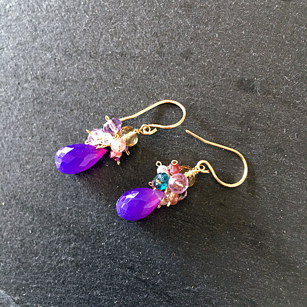 Petit Bouquet Earrings with Purple Chalcedony and Multi Color Gemstones  - 14KGF