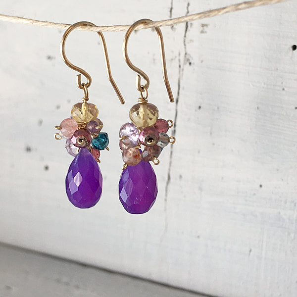 Petit Bouquet Earrings with Purple Chalcedony and Multi Color Gemstones  - 14KGF