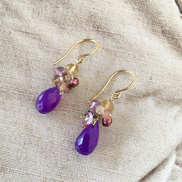 Petit Bouquet Earrings with Purple Chalcedony and Multi Color Gemstones  - 14KGF