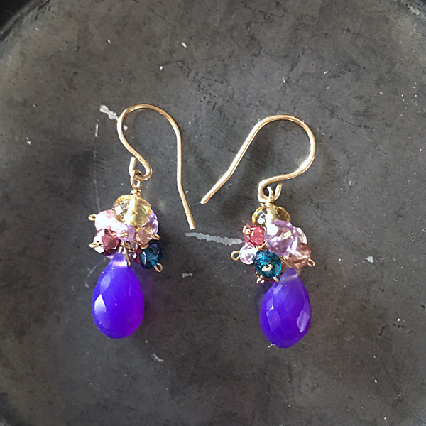 Petit Bouquet Earrings with Purple Chalcedony and Multi Color Gemstones  - 14KGF