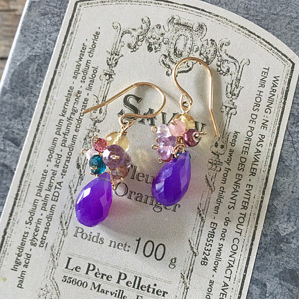 Petit Bouquet Earrings with Purple Chalcedony and Multi Color Gemstones  - 14KGF