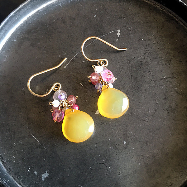 Petit Bouquet Earrings with Canary Yellow Chalcedony and Pink Gemstones  - 14KGF