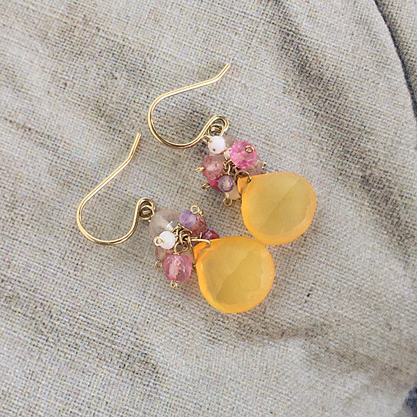 Petit Bouquet Earrings with Canary Yellow Chalcedony and Pink Gemstones  - 14KGF