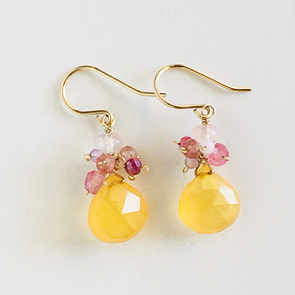 Petit Bouquet Earrings with Canary Yellow Chalcedony and Pink Gemstones  - 14KGF