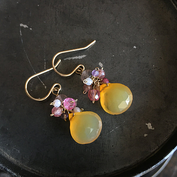 Petit Bouquet Earrings with Canary Yellow Chalcedony and Pink Gemstones  - 14KGF