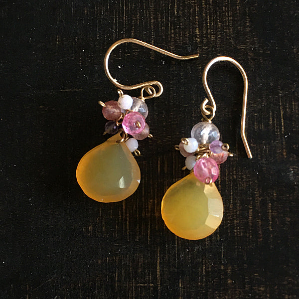 Petit Bouquet Earrings with Canary Yellow Chalcedony and Pink Gemstones  - 14KGF