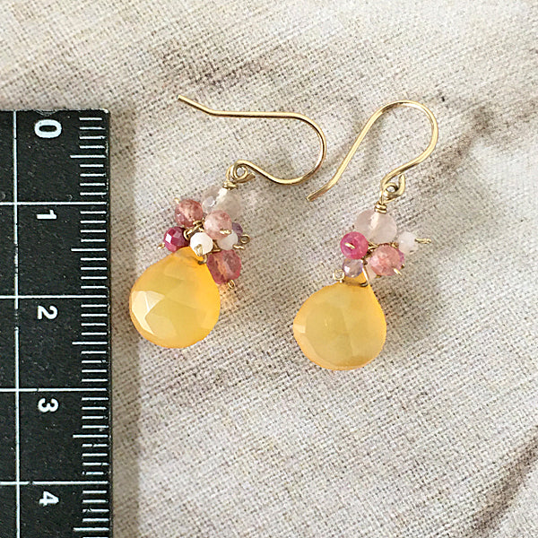 Petit Bouquet Earrings with Canary Yellow Chalcedony and Pink Gemstones  - 14KGF