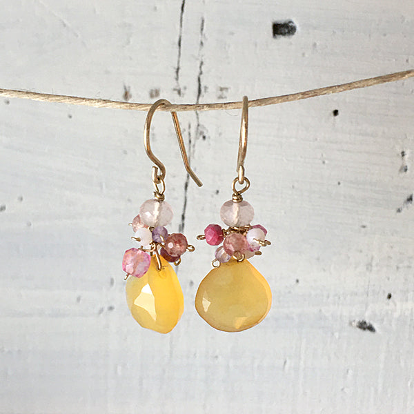 Petit Bouquet Earrings with Canary Yellow Chalcedony and Pink Gemstones  - 14KGF